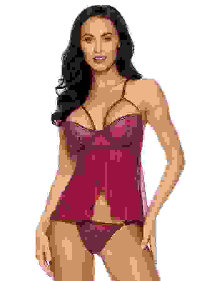 Escante Burgundy Underwire Lace and Mesh Cami Set, Red, hi-res
